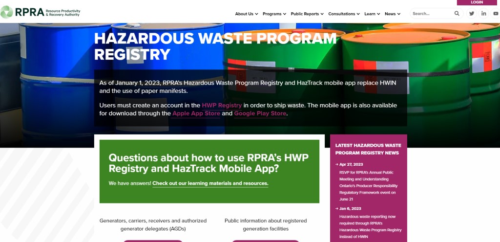 hazardous waste online registry